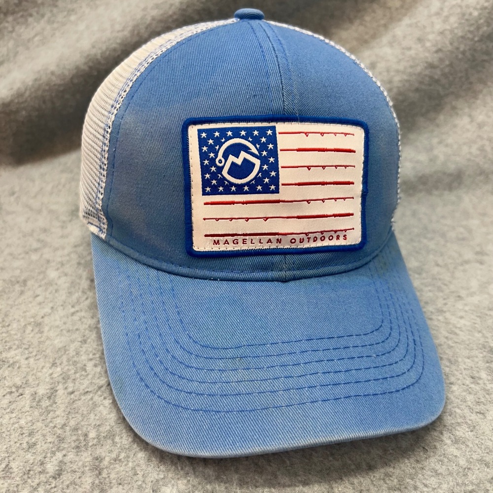 Magellan Fishing Flag Patch Mens Blue Outdoors Trucker Hat Snapback OSFM
